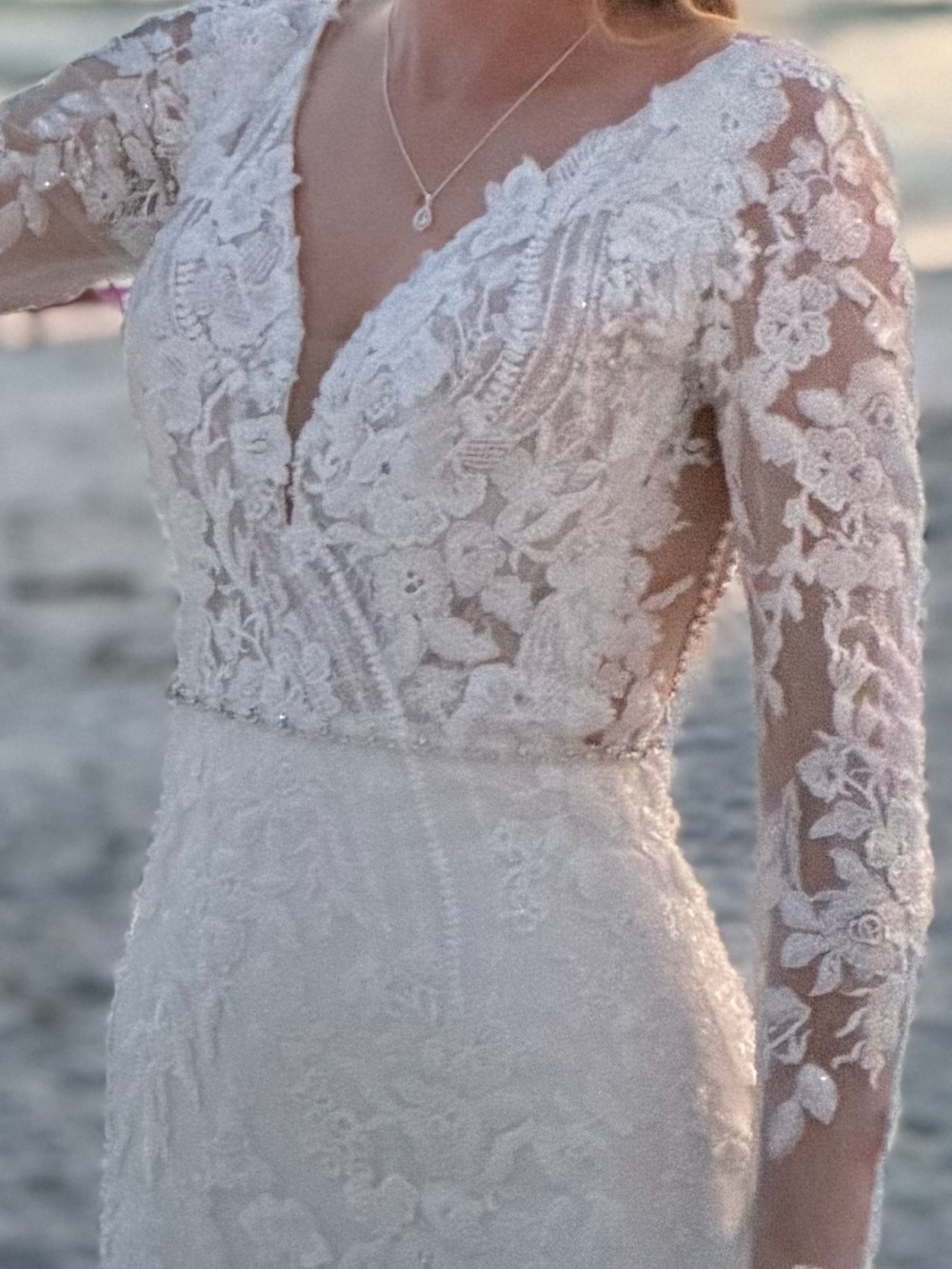 Mori Lee Stefani lace plunging V-Neck Fitted Wedding Dress with custom sleeves